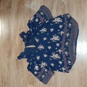 (L) Haute Monde Floral Print Bohemian Cold Shoulder Ruffle Peasant Top Prairie